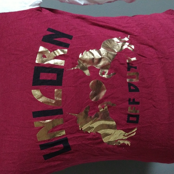 3/4 length sleeve, Girls Tee "Unicorn Off Duty" White and maroon. - Picture 2 of 4